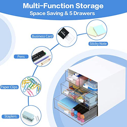 Desk Organizer with 5 Drawers, Rectangular Office Stationery Supplies Desktop Drawers, Plastic Makeup Storage, Suitable for Office, School, Home (White & 5 Drawers) - color: White & 5 Drawers