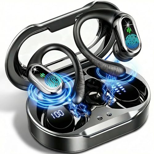 Wireless Earbuds, 2026 Bluetooth 5.4 Headphones Sport, 60Hrs HiFi Stereo Deep Bass Over-Ear buds with ENC Noise Cancelling Mic, IP7 Waterproof & LED Display Earphones with Earhooks for Workout/Running - color: Light Black