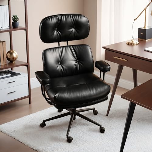 HOOOWOOO Ergonomic Office Chair,Mid Century Modern Computer Desk Chair,Comfy Executive Chair with Extra Wide Tufted Cloudy Seat Lumbar Support High Reclining Back,PU Faux Leather Black - color: Pu Leather Black-cloudy Seat, size: High Back