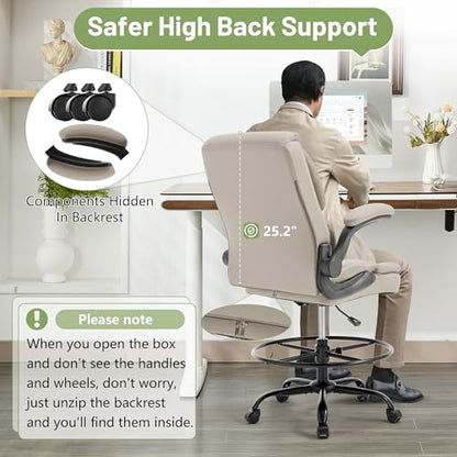 500LBS Drafting Chair, High Back Safer Standing Desk Chair, Executive Tall Office Chair with Flip-up Armrests, Upholstered PU Leather Task Chair, Ergonomic Seat with Adjustable Height&Foot Ring,Beige - color: Beige