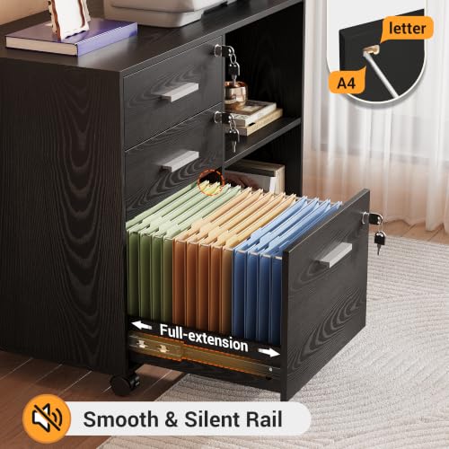 DEVAISE 3-Drawer File Cabinet with Lock, Mobile Wood Filing Cabinet, Black | Rolling Printer Stand, Office Cabinet, Open Storage Shelves, Letter & A4 Compatible, Home Office, Under Desk Storage - color: Black