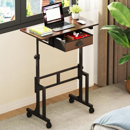 Adjustable Height Standing Desk With Drawer, Rolling Sit Stand Up Desk With Wheels, Small Sit To Stand Computer Desk, Adjustable Desktop Height, On Wheels, Brown, For Walking Pad Laptop Treadmill - color: Brown