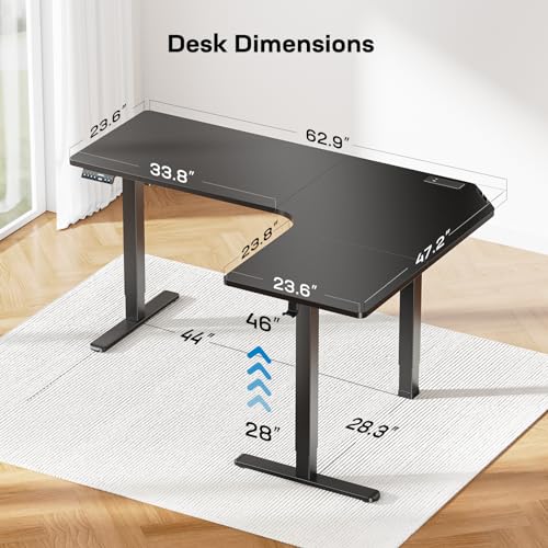 HUANUO 63″ L-Shaped Standing Desk, Built-in Power Outlets, Black