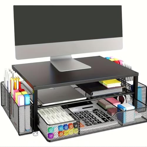 2 Tier Metal Monitor Stand Riser with Drawer, Desk Organizer with 2 Pen Holders Ergonomic Computer Stand for Office Home Dorm