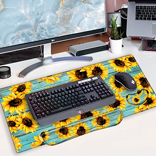 Gaming Mouse Pad Sunflower Desk Mat Large Mousepad and Keyborad Wrist Support Computer Mat for Wrist Rest XXL Desk Pad 3 in 1 Mouse Mat Non-Slip Rubber Base - color: Sunflower Teal