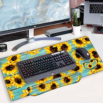Gaming Mouse Pad Sunflower Desk Mat Large Mousepad and Keyborad Wrist Support Computer Mat for Wrist Rest XXL Desk Pad 3 in 1 Mouse Mat Non-Slip Rubber Base - color: Sunflower Teal