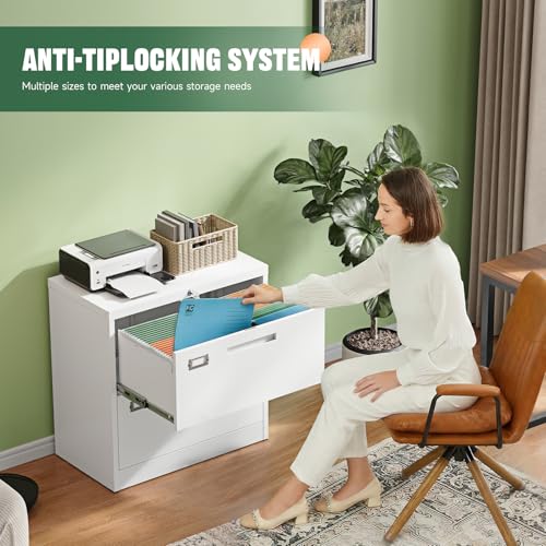 2 Drawer File Cabinet with Lock,Metal Lateral Filing Cabinet for Home Office,Hanging Letter/Legal/A4 Size (White, H27.95×W28.35×D15.74) - color: White, size: 16"D x 28.4"W x 28.0"H
