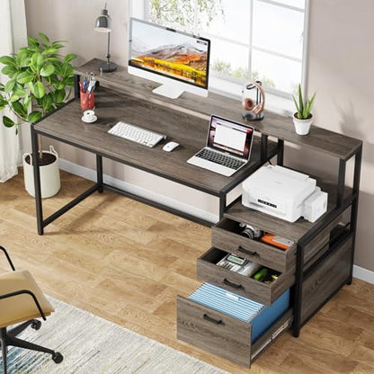 Tribesigns 63 Inch Computer Desk with File Drawer Cabinet, Home Office Desk - color: Grey