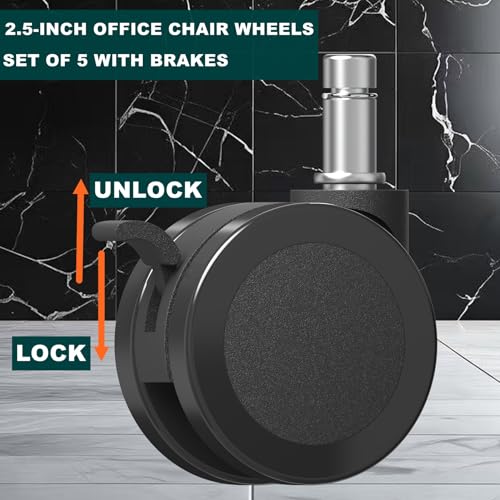 Office Chair Caster Wheels Replacement with Brake, 2.36"(60mm) Casters Replacement for Office Chair or Stool Wheel, Universal Size 11x22mm for Carpet and Hardwood Floors(Set of 5) - size: 11mm Stem With Brakes(Not for Ikea)