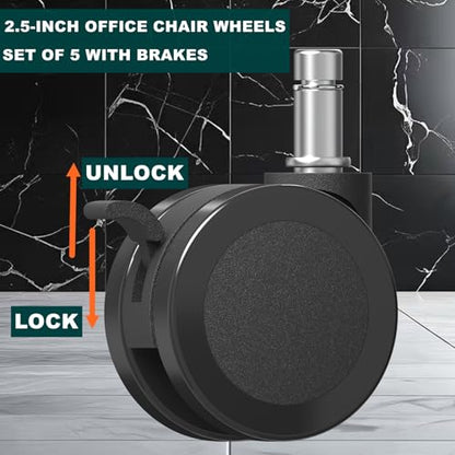 Office Chair Caster Wheels Replacement with Brake, 2.36"(60mm) Casters Replacement for Office Chair or Stool Wheel, Universal Size 11x22mm for Carpet and Hardwood Floors(Set of 5) - size: 11mm Stem With Brakes(Not for Ikea)