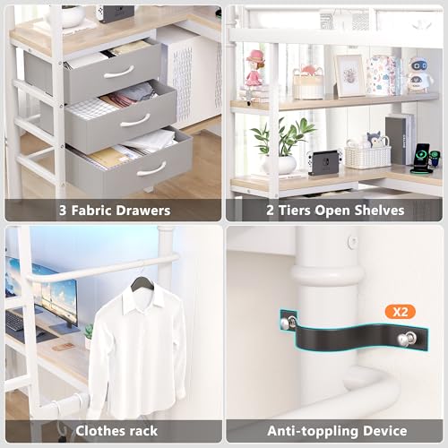 Jocoevol Full Size Loft Bed with L-Shaped Desk, LED Lights,Charging Station, Industrial Heavy Duty Metal Loft Bed Frame with 3 Storage Shelves and 3 Fabric Drawers, Safety Guard & Ladder, White - color: White, size: Full