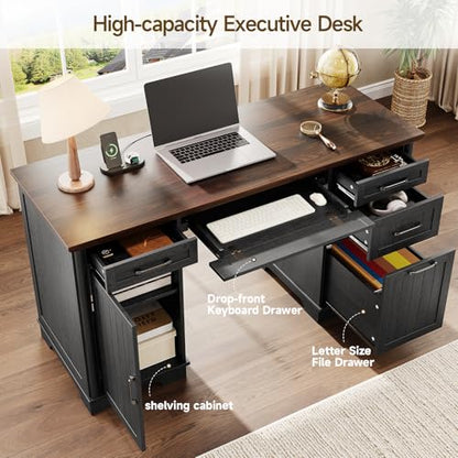 ONBRILL 58" Modern Home Office Desk with 5 Drawers and 1 Cabinet, Black
