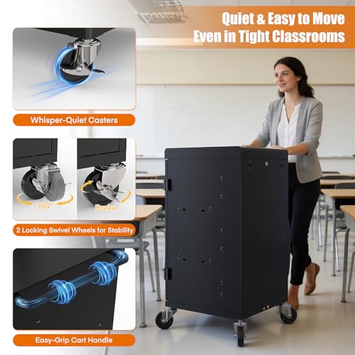 Meteteel 30 Device Charging Cart for Chromebook iPad Laptop K-12 | Fits 14-in devices, lockable storage, 30-outlet power strip, circuit breaker, cable management, casters, K-12 schools offices - size: 30 Tablet/Chromebook