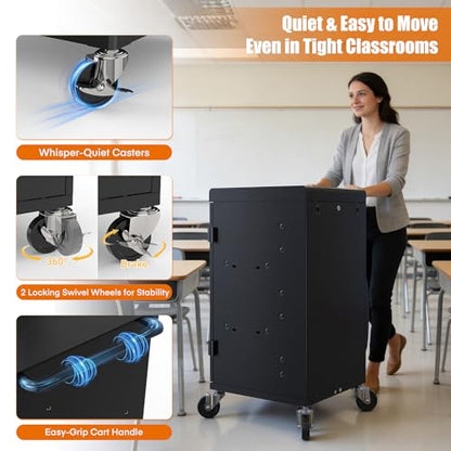 Meteteel 30 Device Charging Cart for Chromebook iPad Laptop K-12 | Fits 14-in devices, lockable storage, 30-outlet power strip, circuit breaker, cable management, casters, K-12 schools offices - size: 30 Tablet/Chromebook