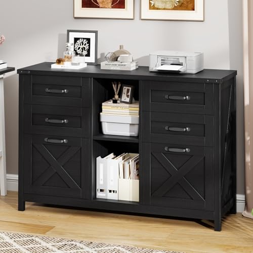 Farmhouse Lateral Filing Cabinet, Lateral File Cabinet with 6 Drawers and Adjustable Shelf, Large Printer Stand with 2 File Drawers for Letter/A4 Size Hanging Files for Home Office, Rustic Black - color: Rustic Black, size: 13.9"D x 27.7"W x 43.4"H