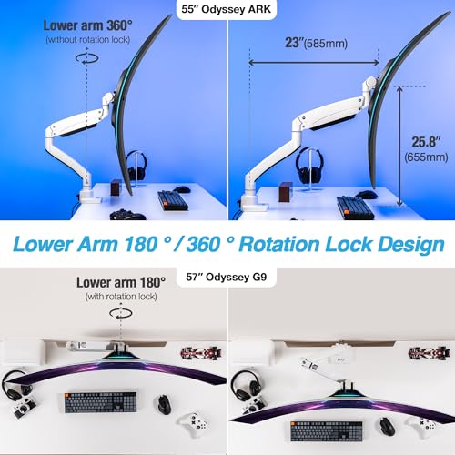 AVLT Single 17"-57" Super Ultrawide Monitor Arm - White | Screens Up to 59.5 lbs Premium Aluminum Desk Stand Adjustable Pneumatic Height Full Motion Swivel Tilt Rotation USB-C&A Ports - color: White-17 to 57 Inch