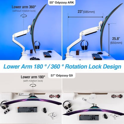 AVLT Single 17"-57" Super Ultrawide Monitor Arm - White | Screens Up to 59.5 lbs Premium Aluminum Desk Stand Adjustable Pneumatic Height Full Motion Swivel Tilt Rotation USB-C&A Ports - color: White-17 to 57 Inch