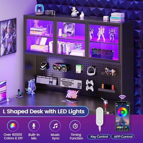 SEDETA L Shaped Corner Gaming Desk with 3 Wood Drawer and Large Bookshelf - color: Black