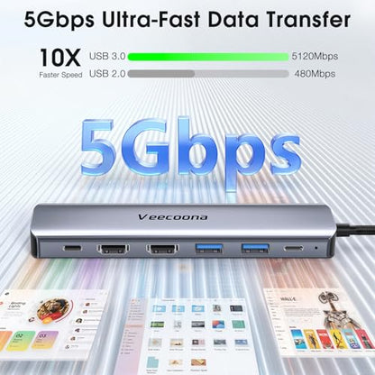USB C to Dual HDMI Adapter, 7 in 1 Docking Station Dual Monitor | 3*USB-A Data Ports, 100W PD, HDMI Splitter Extended Display Laptop USB C Hub for MacBook, HP, Dell and More