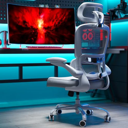 TRALT Office Chair Ergonomic Desk Chair - Gaming Chair with Lumbar Support | 330 LBS Home Office Desk Chairs with Headrest, Reading Chair with Flip-up Armrests, Comfortable Computer Chairs (1, Grey) - color: Light Grey