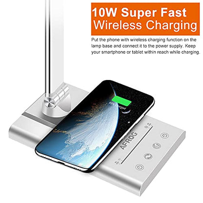 AFROG 5th Gen Multifunctional LED Desk Lamp with 10W Fast Wireless Charger, USB Charging Port,1800Lux Super Bright,5 Lighting Mode,7 Brightness, Touch Control, Auto Timer, 15W Office Table Lamp - color: White 5.0 Pro