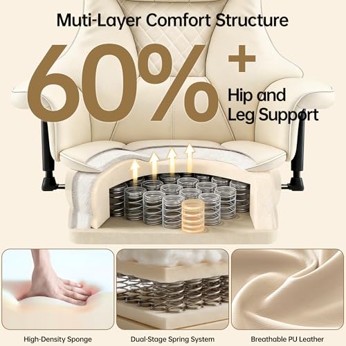 Big and Tall Office Chair - Executive High Back Leather Office Desk Chair with Adjustable Lumbar Support - Ergonomic Comfortable Heavy Duty Computer Gaming Chair with Padded Arms & Wide Seat - color: Beige