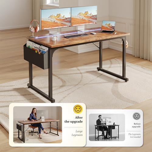 DurayLoly 48" Computer Desk with Waterproof LED Lights for Bedroom,Brown - color: Rustic Brown, size: 48 IN