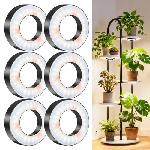 Wiaxulay Ceiling Grow Lights for Indoor Plants, 288 LED Full Spectrum 3.5in Halo Plant Grow Light, 12/3A Under Cabinet Grow Lamp with Auto Timer 6/12/16 Hrs, 3 Lighting Mode, 5 Brightness, Six Head - color: Black, size: 3.5in-6 Heads