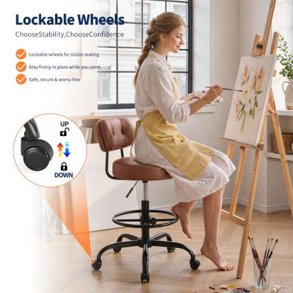 Homkdom Drafting Chair 17.32" Wide Seat & 3.94" Thick Cushion | Height-Adjustable Office Chair with Footrest Ring for Standing Desk, Auto-Lock Gravity Casters - PU Leather Brown - color: Brown