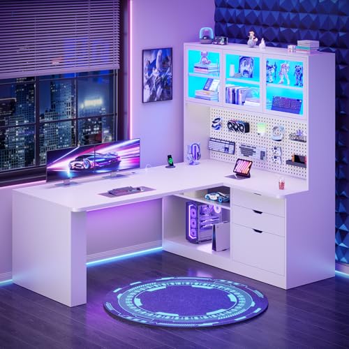 SEDETA L Shaped Corner Gaming Desk with 3 Wood Drawer and Large Bookshelf - color: White