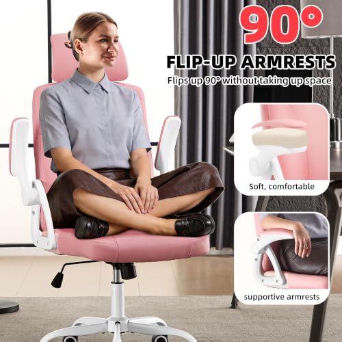 Leather Office Chair,Executive Ergonomic Desk Chair for Home Office, White-Pink - color: White-pink