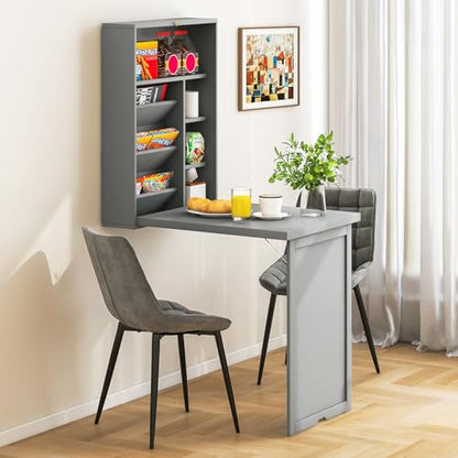 Wall Mounted Desk, Wood Collapsible Floating Desk, Convertible Computer Desk with Storage Area, Hanging Fold Out Table for Home Office, Small Spaces (Grey) - color: Grey