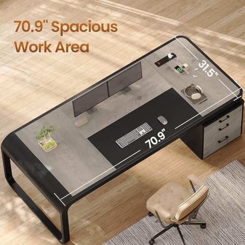 Itaar 70.9" Executive Desk, Large Computer Desk with Drawers and Lateral File Cabinet, Office Desk with Removable Shelves, Business Furniture Desk Workstation for Home Office, Gray