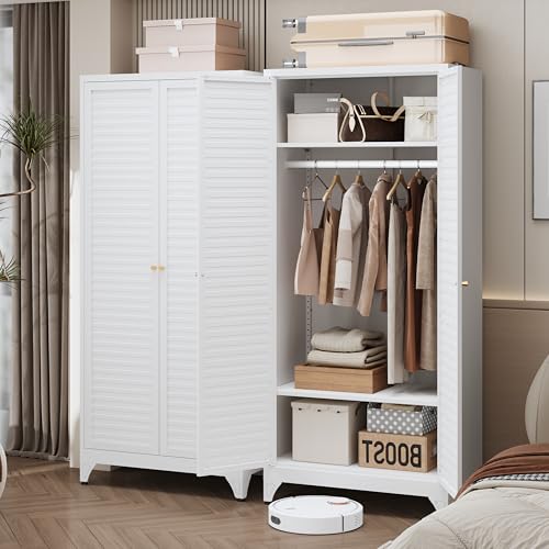 Steeloong 71"Armoire Wardrobe Close,White Wardrobe Cabinet with Hanging Rod | Metal Closet Cabinet with Doors and Adjustable Shelves,Freestanding Clothing Storage Cabinets for Bedroom Office,Gym,Hospital - color: White, style: 71"H Wardrobe