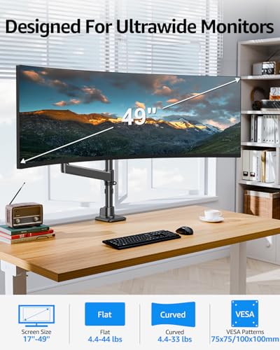 MOUNTUP Odyssey G9 Tall Monitor Arm Holds 4.4-44 lbs for 32-49 Inch Screens | 25" Height for Ultrawide Monitor mount Compatible with Heavy Samsung LG Flat/Curved Monitors, Full Motion Monitor Desk Stand - size: Single(32''-49'')