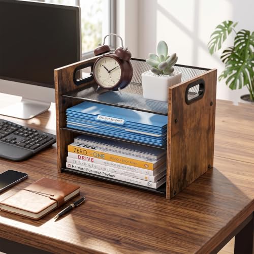 Desk Organizer - 3 Tier Wood & Metal Mesh Desktop Organizer for Office, Home, School, Workspace, Office Desk Organzier for Papers, Mail, Notebooks, Stationery - size: 3 Tier
