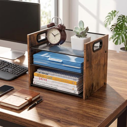 Desk Organizer - 3 Tier Wood & Metal Mesh Desktop Organizer for Office, Home, School, Workspace, Office Desk Organzier for Papers, Mail, Notebooks, Stationery - size: 3 Tier
