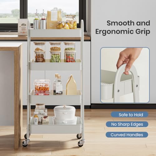 DUMOS 4 Tiers Rolling Utility Cart, Storage Organizer, Shelving Unit | Metal, Lockable Wheels, Mobile, Kitchen, Bathroom, Laundry, Narrow Places, White - color: 4-tier White
