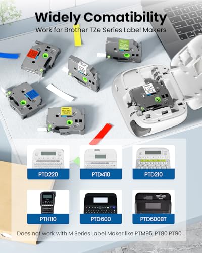 PT-D220 PTD210 PTD400AD PT-H111 PT-1750 Label Maker Tape 12mm 0.47 | Laminated Ptouch Label Tape Replacement for Brother TZ TZe Compatible with Brother P-Touch Refills 1/2 Inch x26.2 Ft, 6 Pack - color: ['Black on White/Pink/Yellow/Red/Blue/Green'], size: