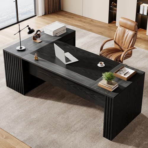 Tribesigns 78" L Shaped Executive Desk with Drawers, Large Office Computer Desk with Cabinet and Storage Shelves, Modern Business Furniture Sets Workstation for Home Office (Gray&Black) - color: Gray&black