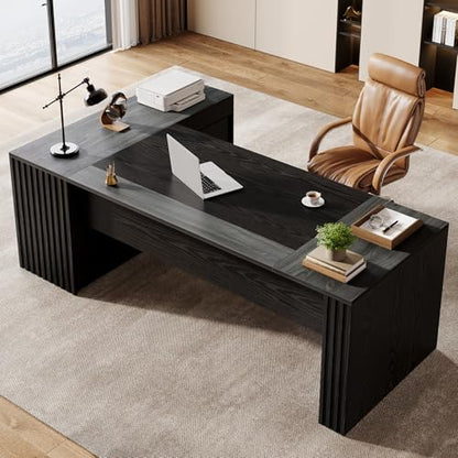 Tribesigns 78" L Shaped Executive Desk with Drawers, Large Office Computer Desk with Cabinet and Storage Shelves, Modern Business Furniture Sets Workstation for Home Office (Gray&Black) - color: Gray&black