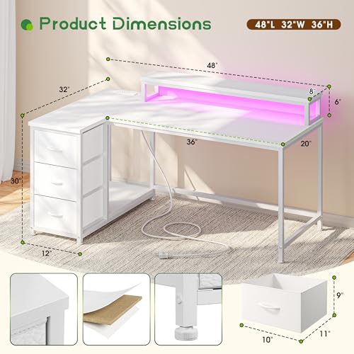 EnHomee 48"White L Shaped Desk with 3 Storage Drawers for Teen Gamers Study - color: White, size: 48 Inch