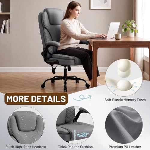 Ergonomic Office Chair, PU Leather High Back Executive Chair with Adjustable Inflatable Lumbar Support and Padded Flip-Up Arms, Recline Swivel Task Computer Chair for Home Office, Gray - color: Grey