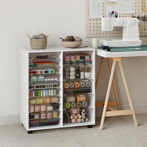 WOPITUES Mobile Storage Cabinet with 15 Clear Drawers, Modern White | Craft Cabinet with 5 Large Drawers, Cart with Wooden Tabletop, Printer Stand Home Office, Dresser Chest - color: White, size: 10M+5L