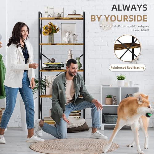 Vongrasig 5 Tier Metal Bookshelf, Narrow Industrial Bookcase, Walnut - color: Walnut