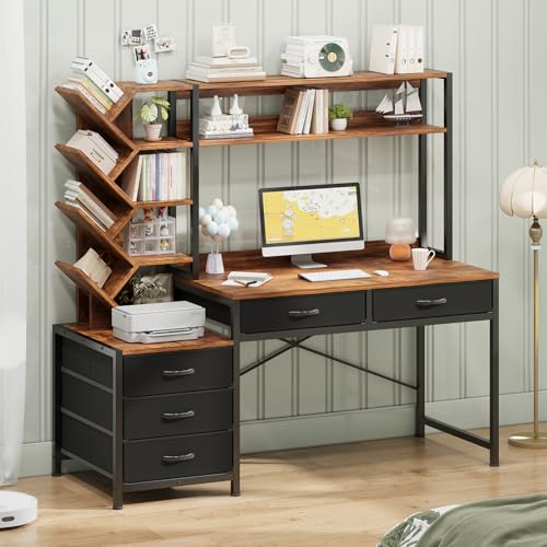 YOMILUVE 52" Computer Desk with Bookshelf, 5 Drawers ＆ Hutch for Bedroom | Office Desk with Printer Shelf, Study Writing Desk with Storage Shelves, Rustic Brown - color: Rustic Brown
