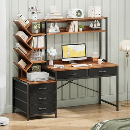 YOMILUVE 52" Computer Desk with Bookshelf, 5 Drawers ＆ Hutch for Bedroom | Office Desk with Printer Shelf, Study Writing Desk with Storage Shelves, Rustic Brown - color: Rustic Brown