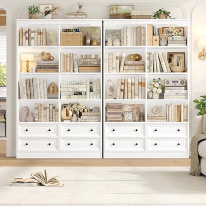 71" Tall Bookshelf with 4 Drawers White Bookshelf Office Bookcase | 6-Tier Double Wide Bookshelves and Bookcases with Storage, White Bookshelf Standing Book Cabinet for Home Office, White - color: White