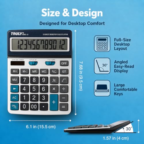 TRULY 12-Digit Desktop Calculator, 5.3-Inch Easy-to-Read Display, Big Concave Buttons, Brushed Metal Finish, Dual Power, Business Calculator for Office, School & Home, 896E - style: 896E