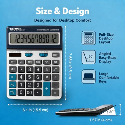 TRULY 12-Digit Desktop Calculator, 5.3-Inch Easy-to-Read Display, Big Concave Buttons, Brushed Metal Finish, Dual Power, Business Calculator for Office, School & Home, 896E - style: 896E